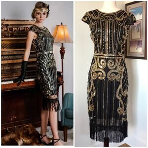 Black Gold Sequin Fringe Dress M Dance Party NYE Gatsby 1920 Flapper Costume NEW